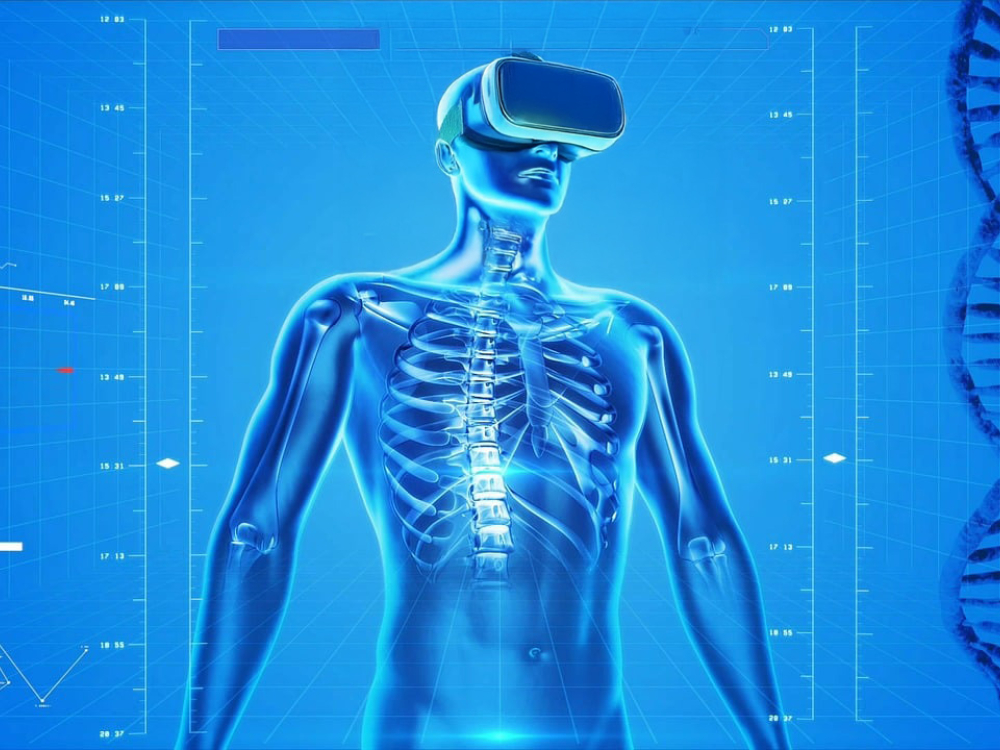 Digital image of skeleton on blue background