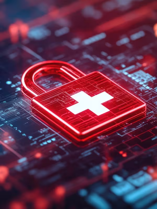 red padlock with white cross in the centre image on digital background