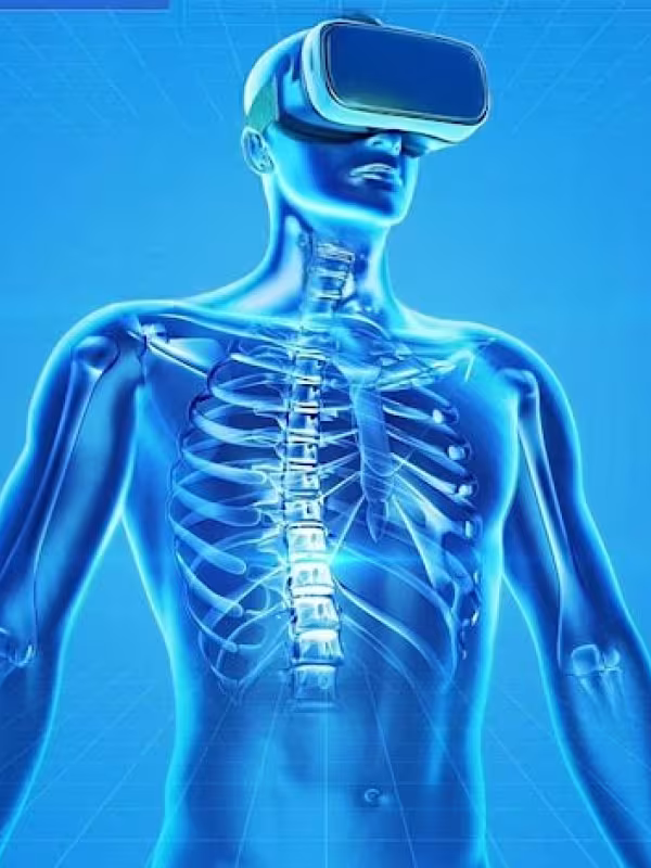 Human body with visible skeleton wearing VR glasses