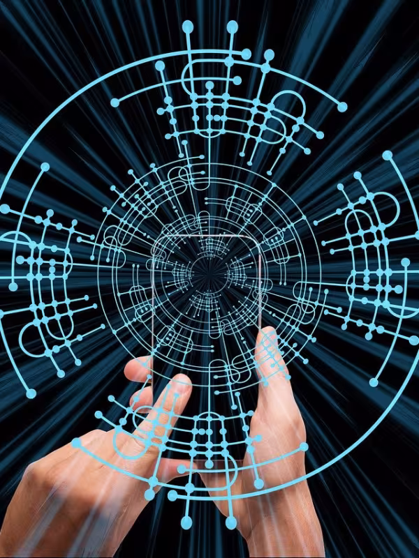 pair of hands surrounded by digital blue lines