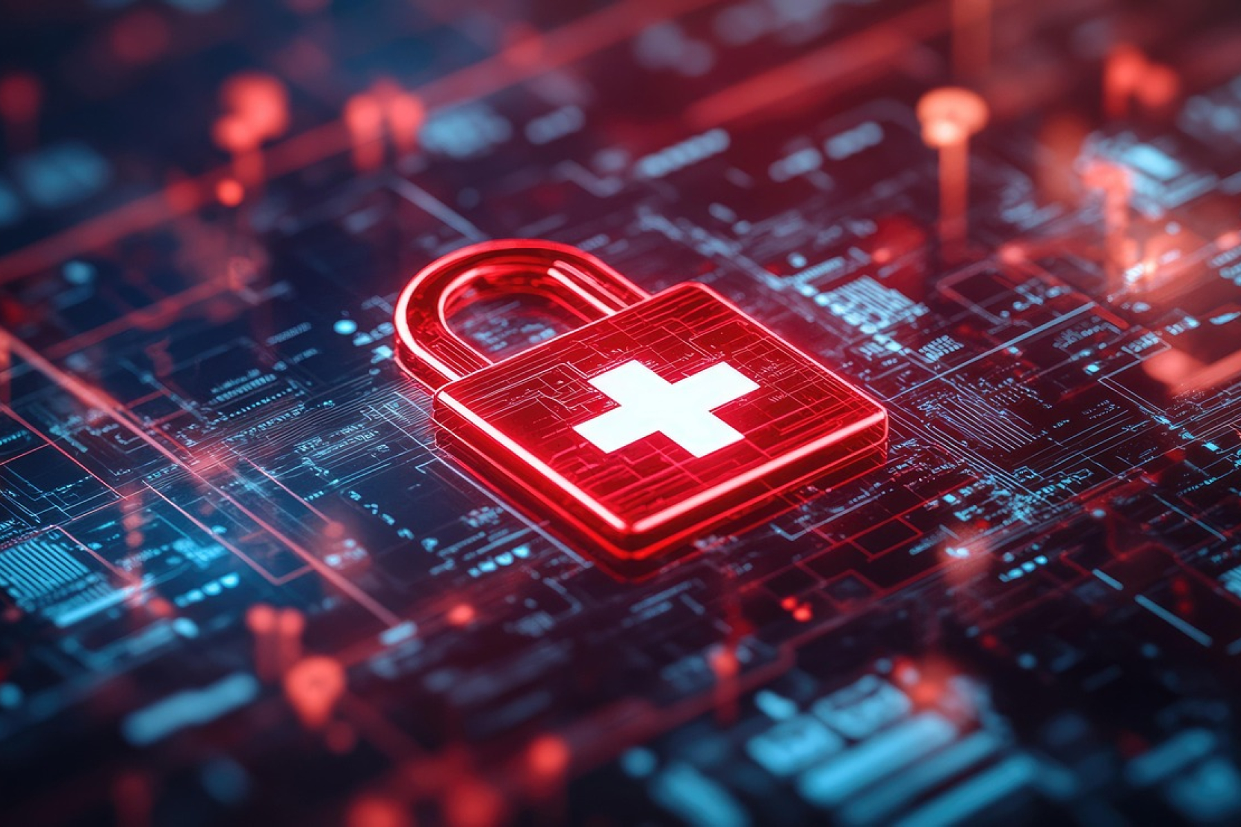 red padlock with white cross in the centre image on digital background