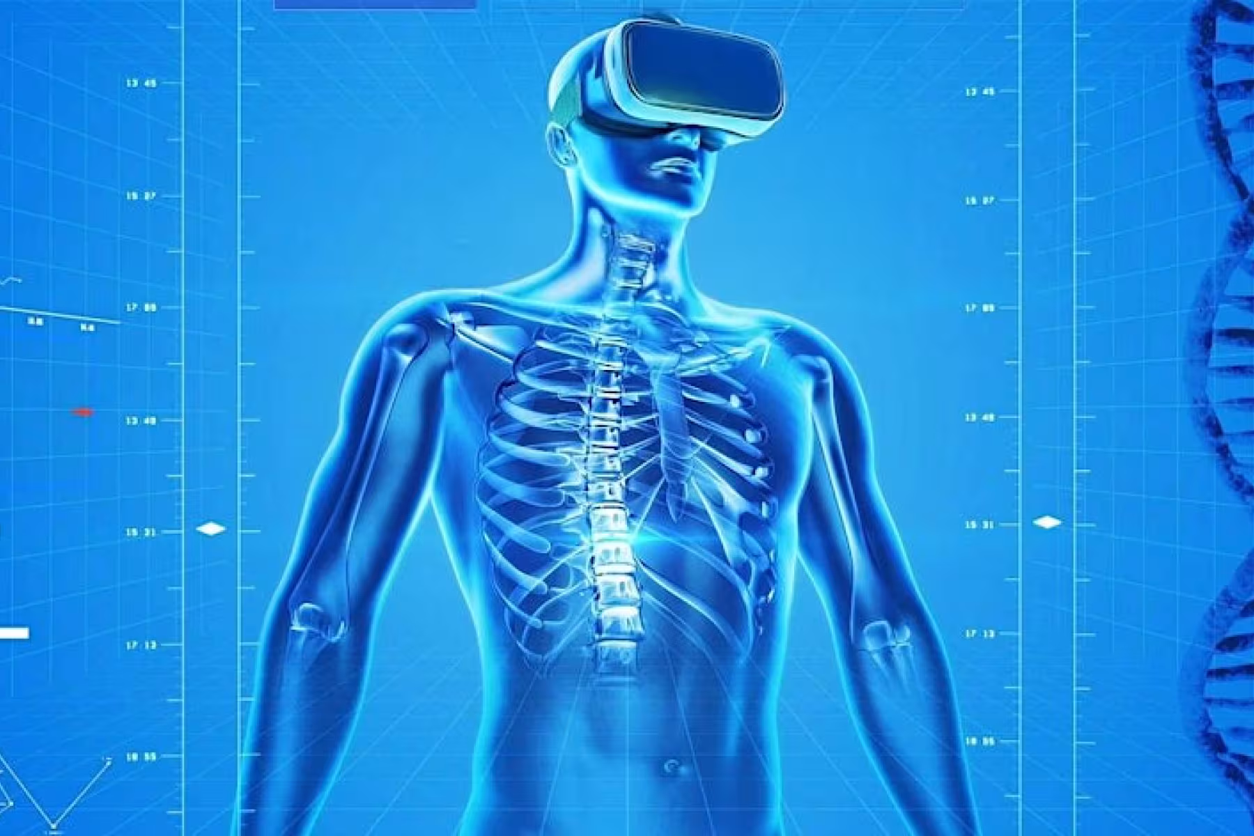 Human body with visible skeleton wearing VR glasses