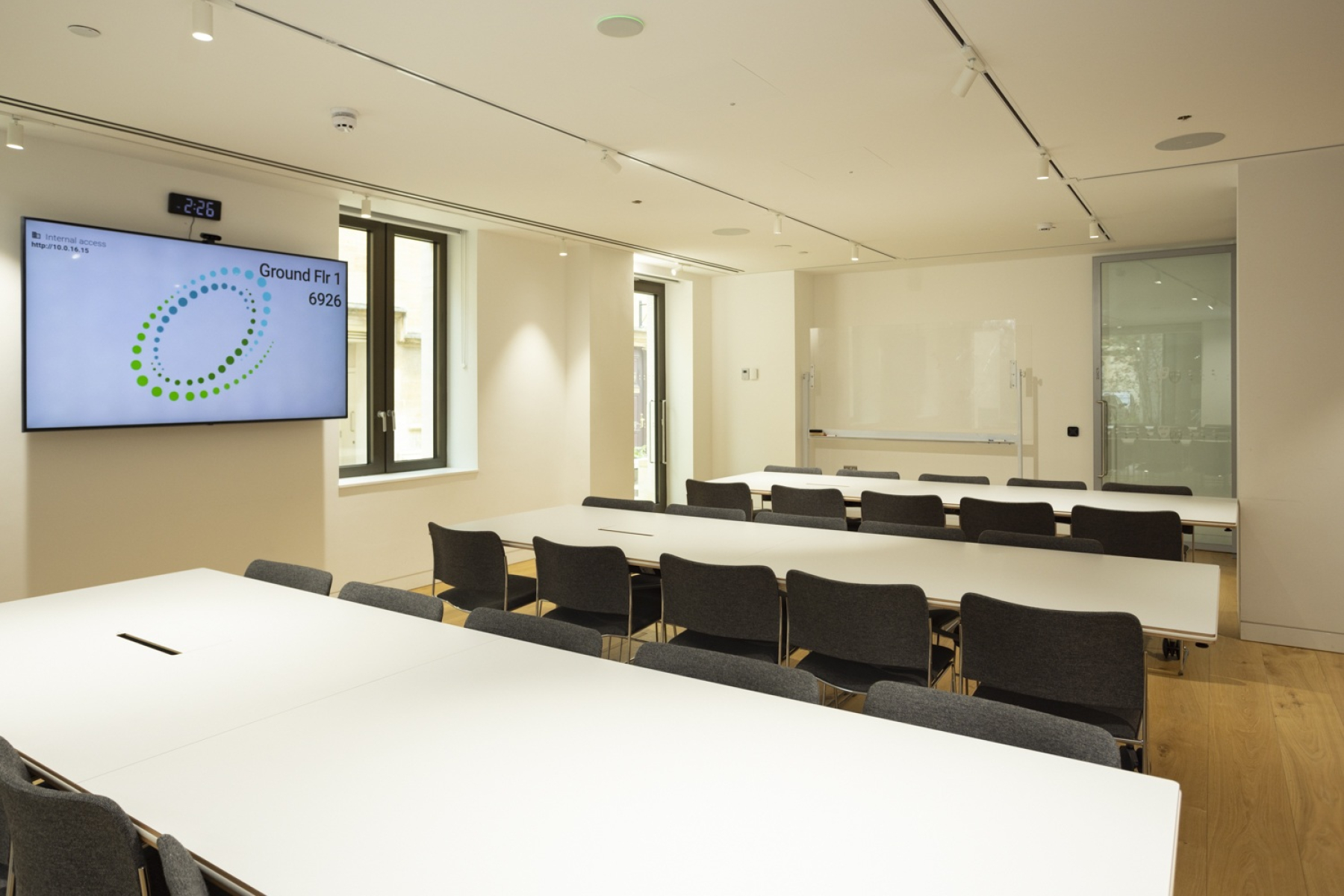 Spacious meeting room with chairs in rows