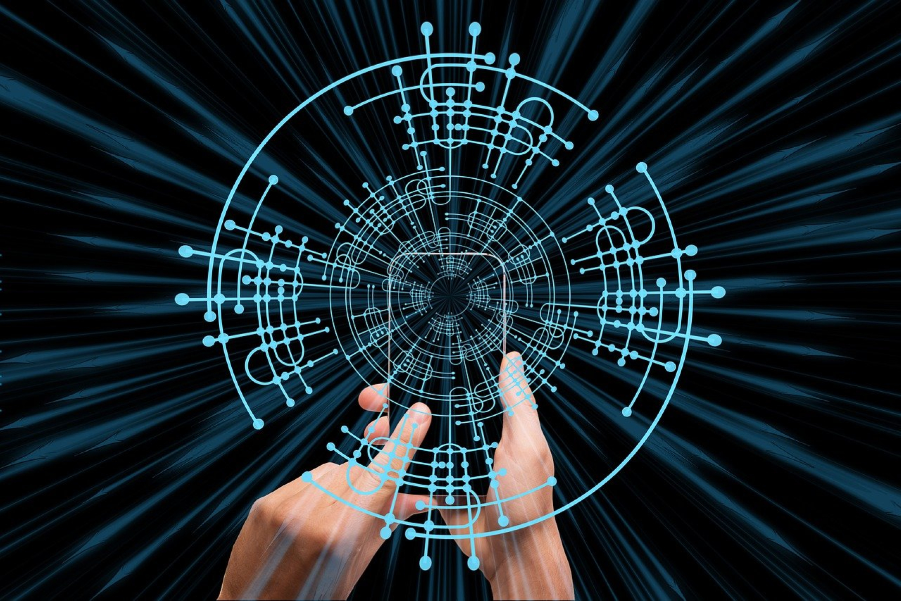 pair of hands surrounded by digital blue lines